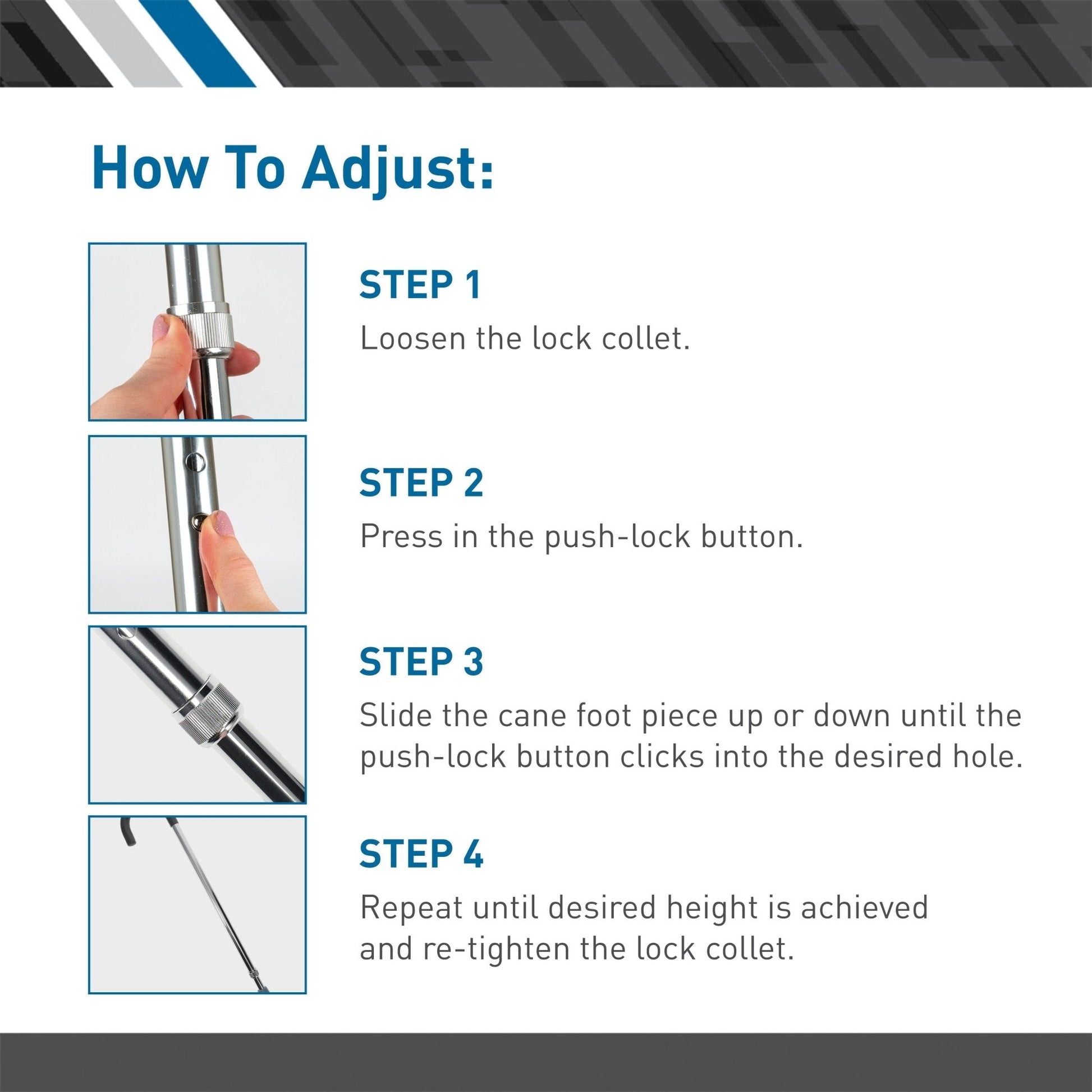 Cane adjustment diagram showing push-lock button and lock collet for height changes