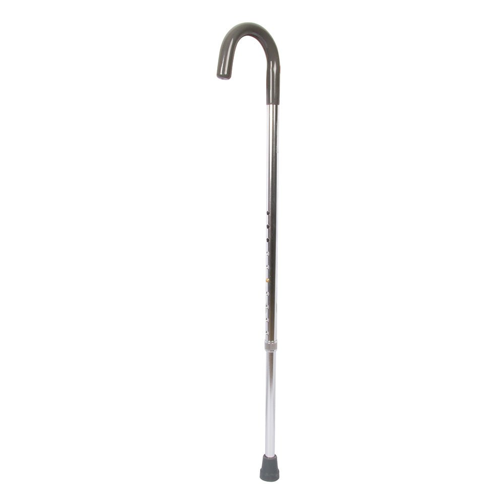 Aluminum cane with rounded black handle and adjustable sections, single cane view