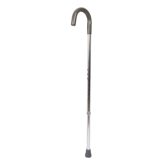 Aluminum cane with rounded black handle and adjustable sections, single cane view