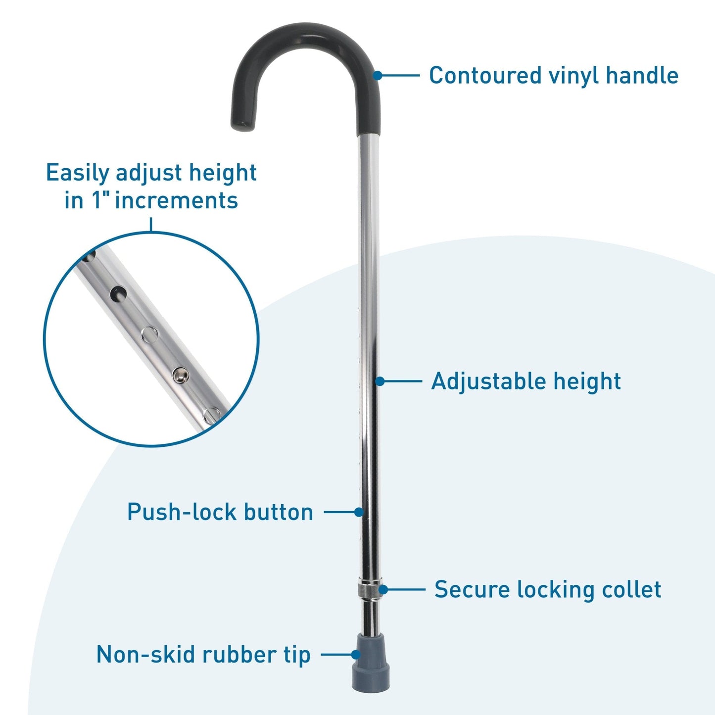 Adjustable cane with contoured vinyl handle, push-lock button, and non-skid rubber tip
