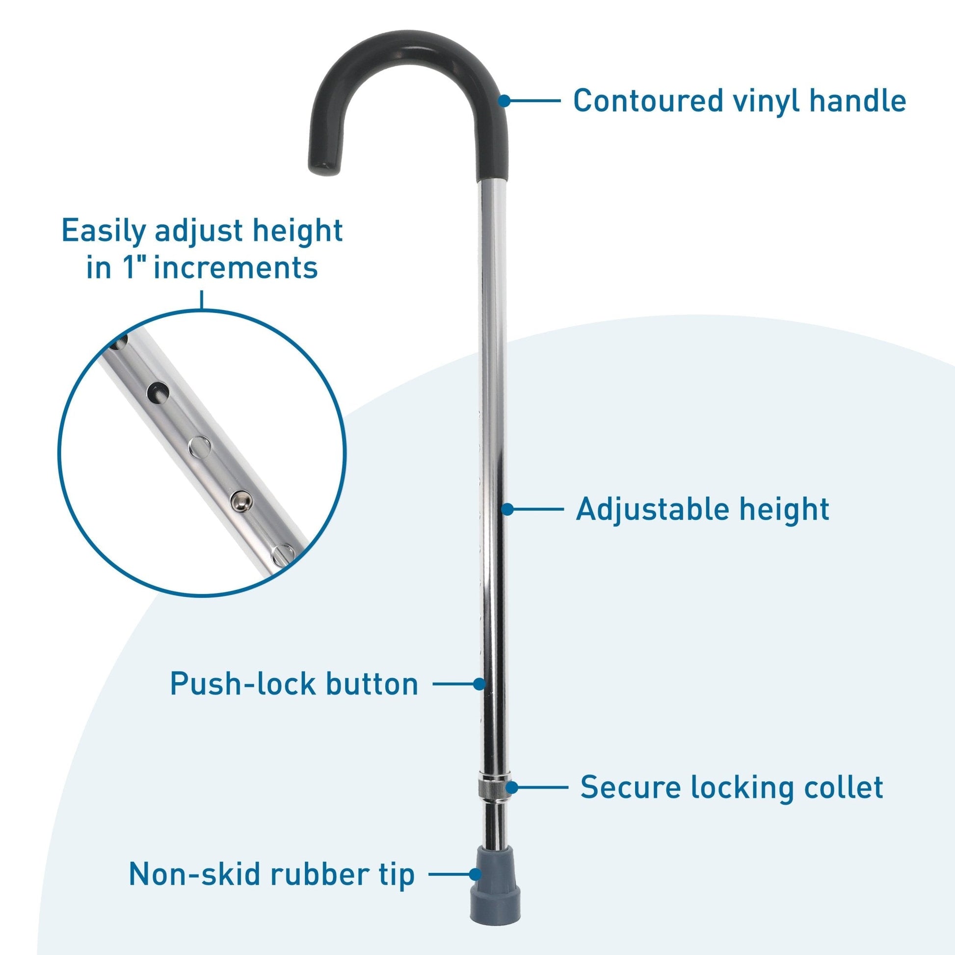Adjustable cane with contoured vinyl handle, push-lock button, and non-skid rubber tip