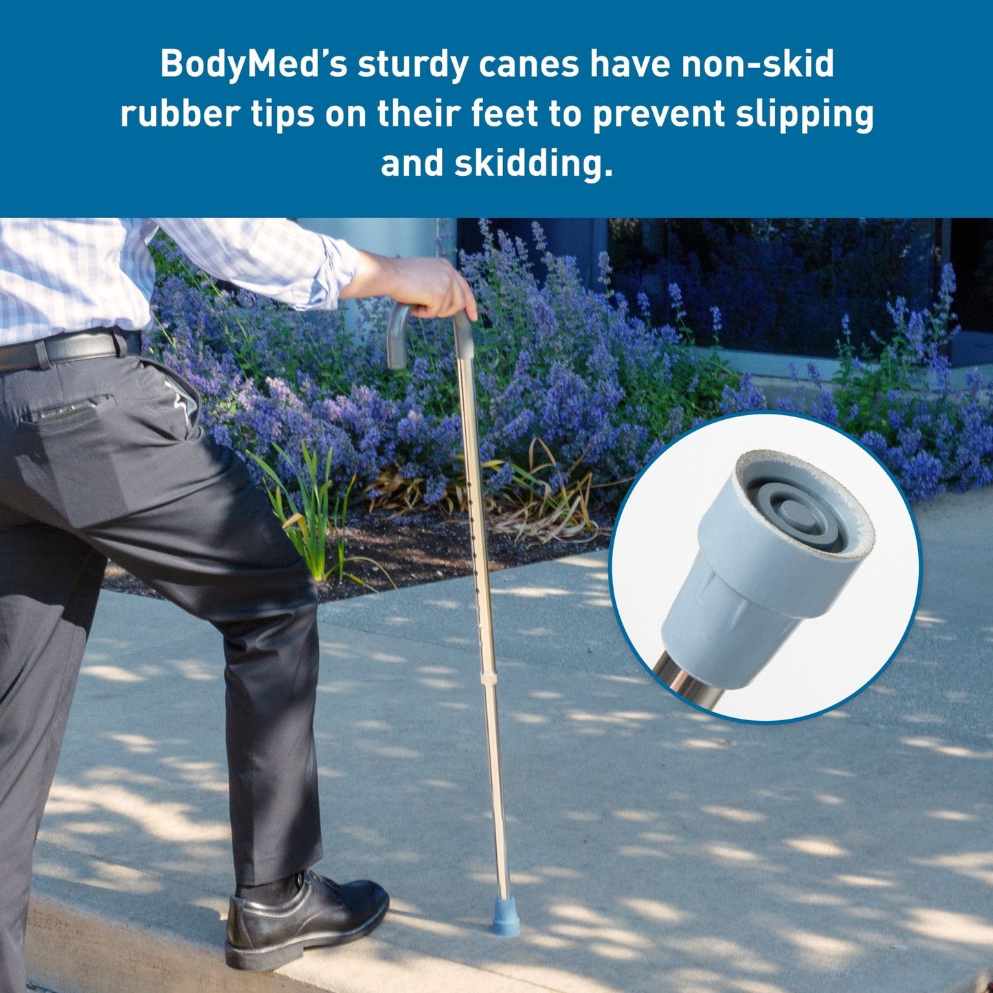 Non-skid rubber cane tip detail on aluminum shaft to help prevent slipping