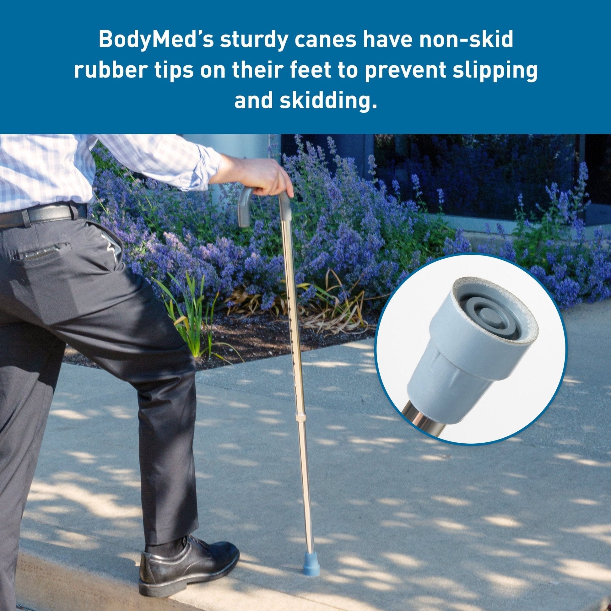 Non-skid rubber cane tip detail on aluminum shaft to help prevent slipping