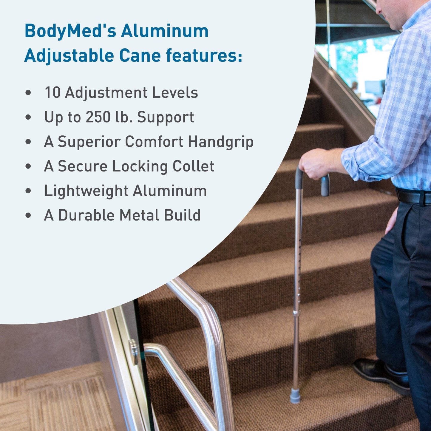 Aluminum walking cane with black handle and rubber tip, shown on stairs
