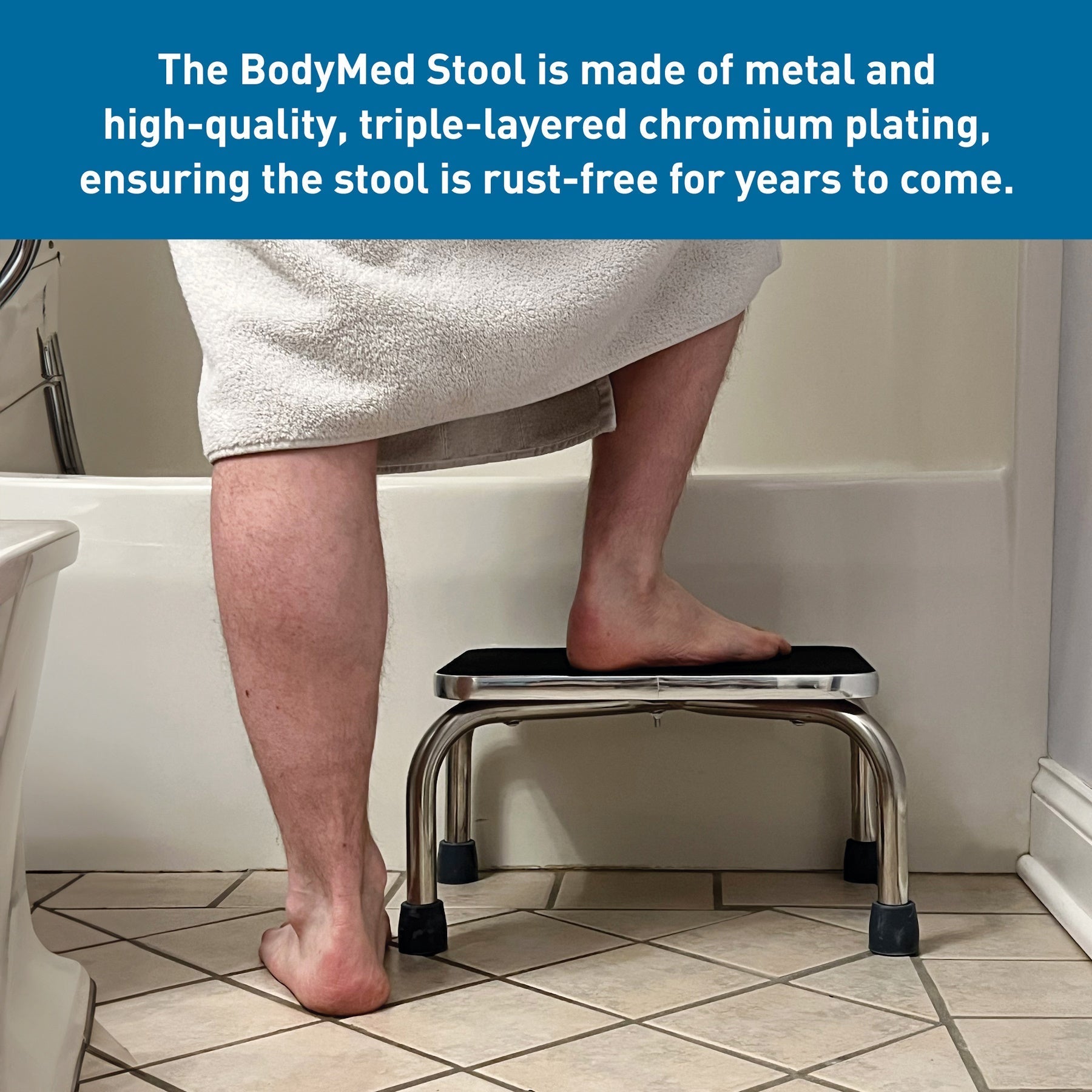 Step stool with black platform and chrome frame, with blue rubber anti-slip feet