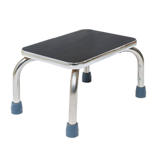 Step stool with black textured platform, chrome legs, and blue non-slip rubber feet