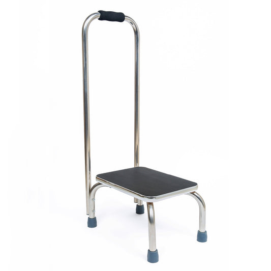 Step stool with black platform, chrome frame, and curved handle with foam grip.