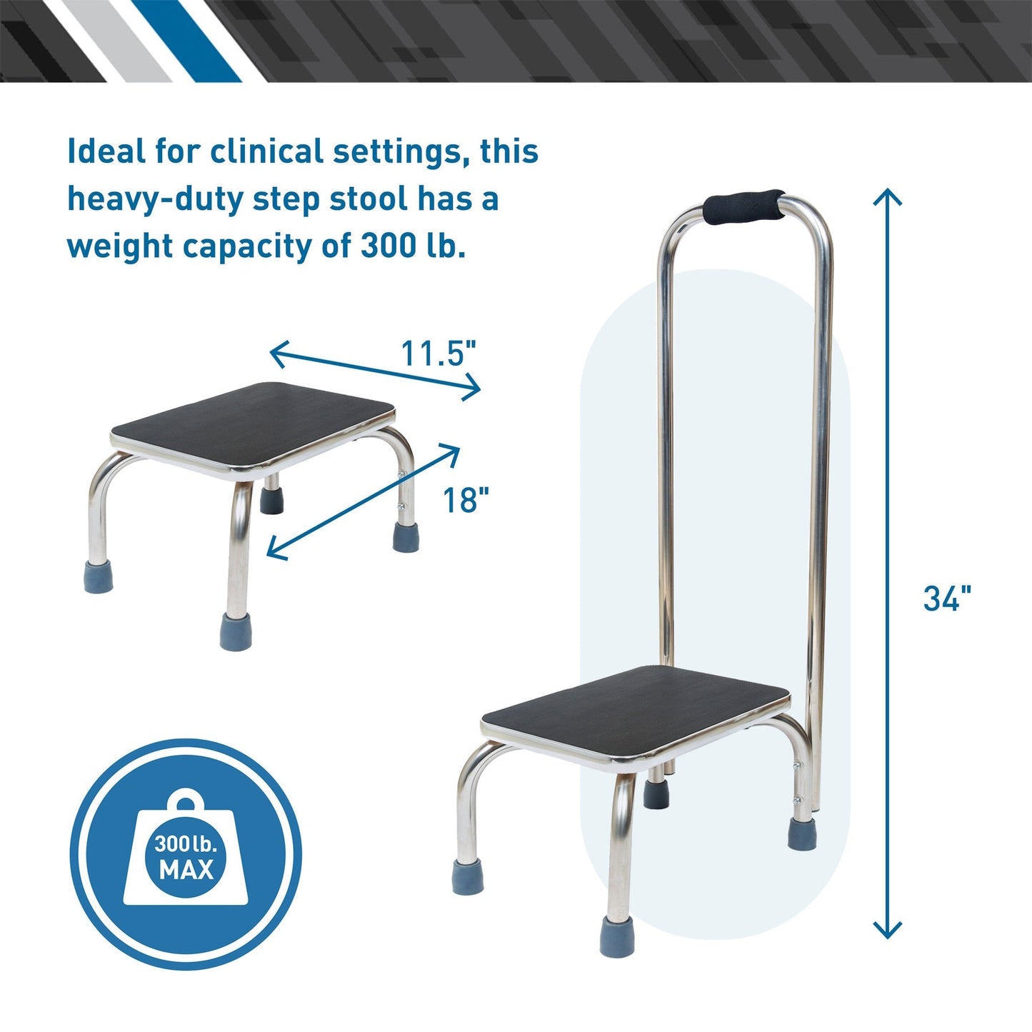 Black platform step stool with chrome frame, curved handle, and four rubber feet.