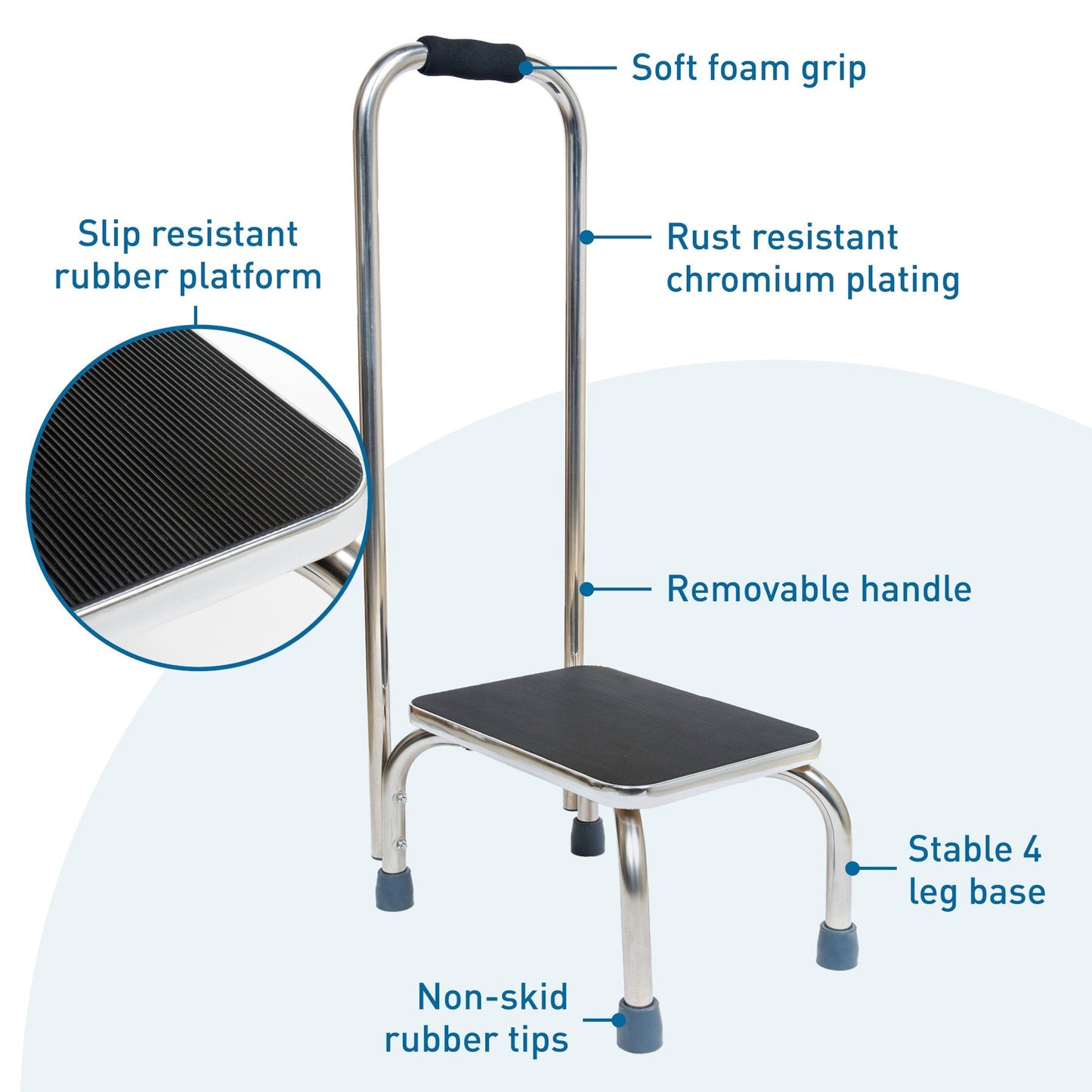 Step stool with black non-slip platform, foam handle grip, and rubber-tipped legs.