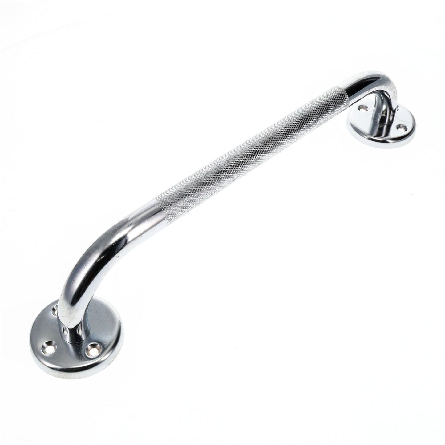 Chrome wall grab bar with textured grip and circular mounting flange plate