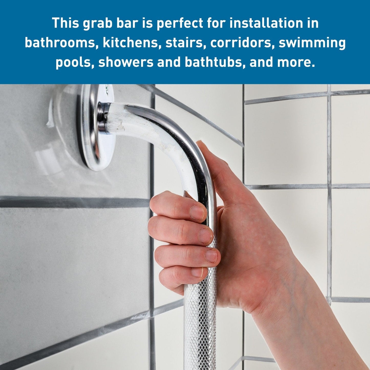 Chrome grab bar with textured grip and wide circular base for wall mounting