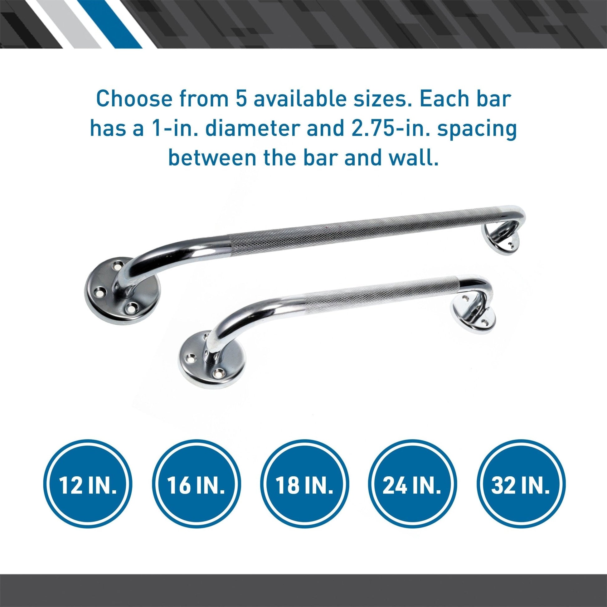 Pair of chrome wall grab bars with textured grip and rounded mounting bases