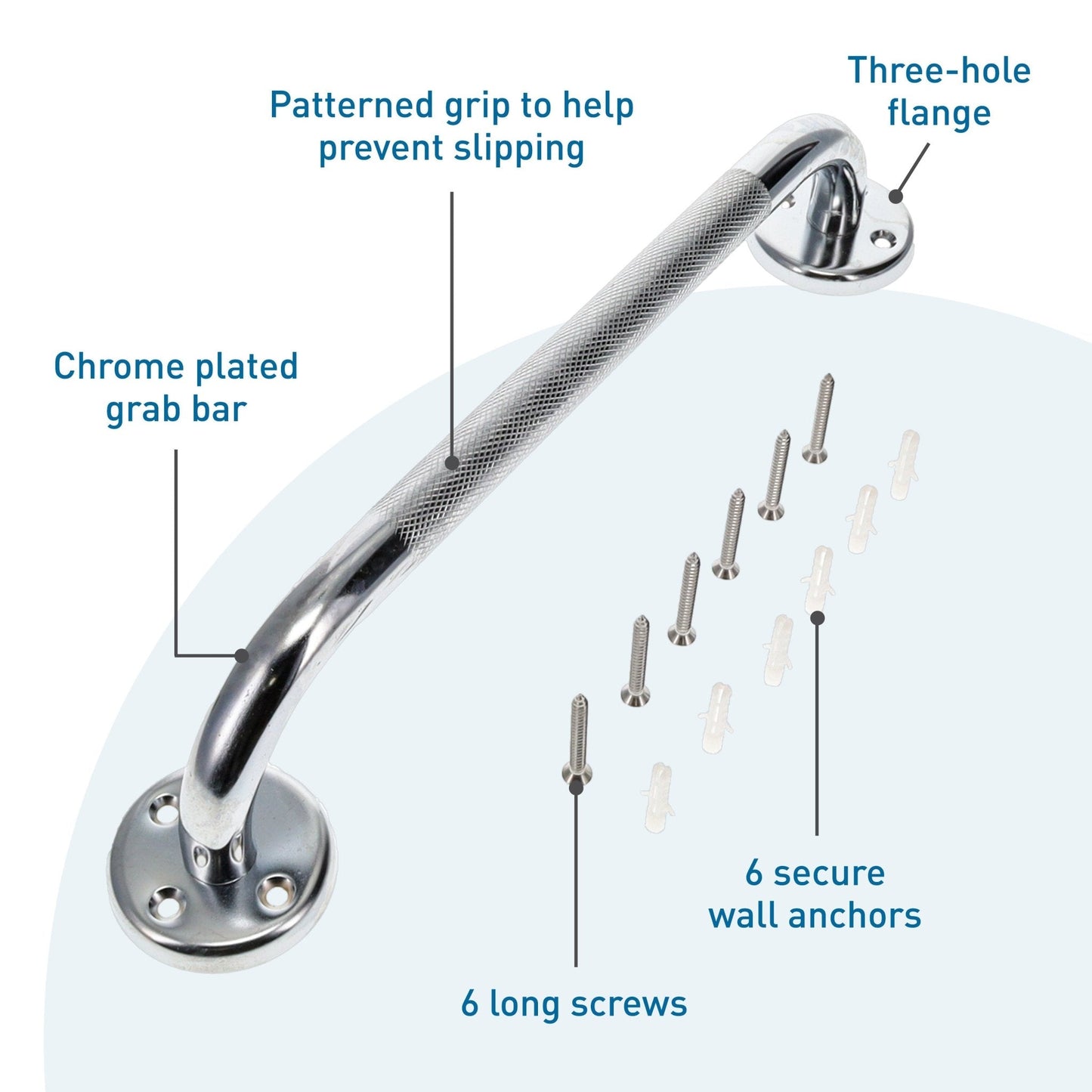 Chrome grab bar with patterned textured grip, three-hole flange and wall anchors