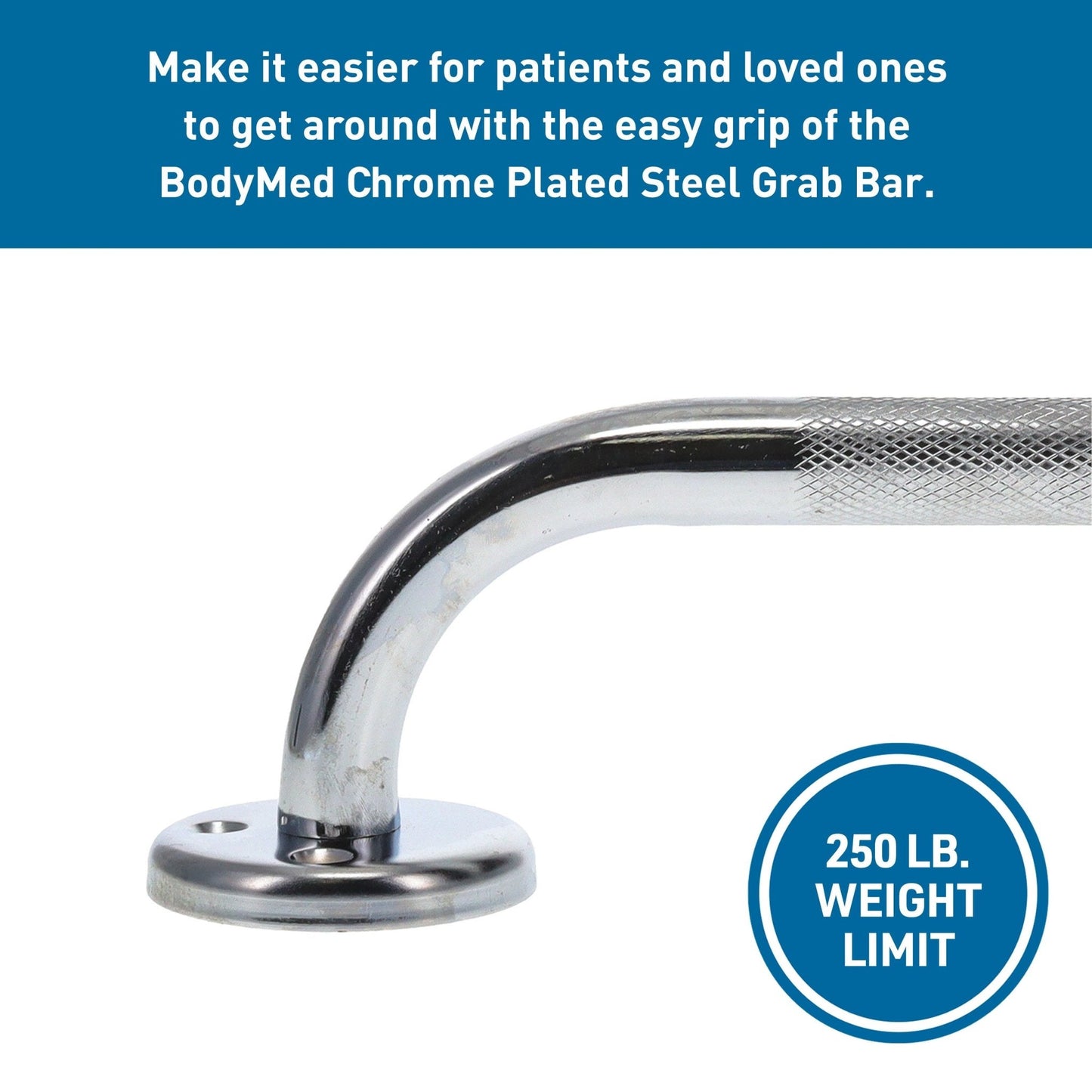 Curved chrome grab bar with textured grip and round wall mounting plate