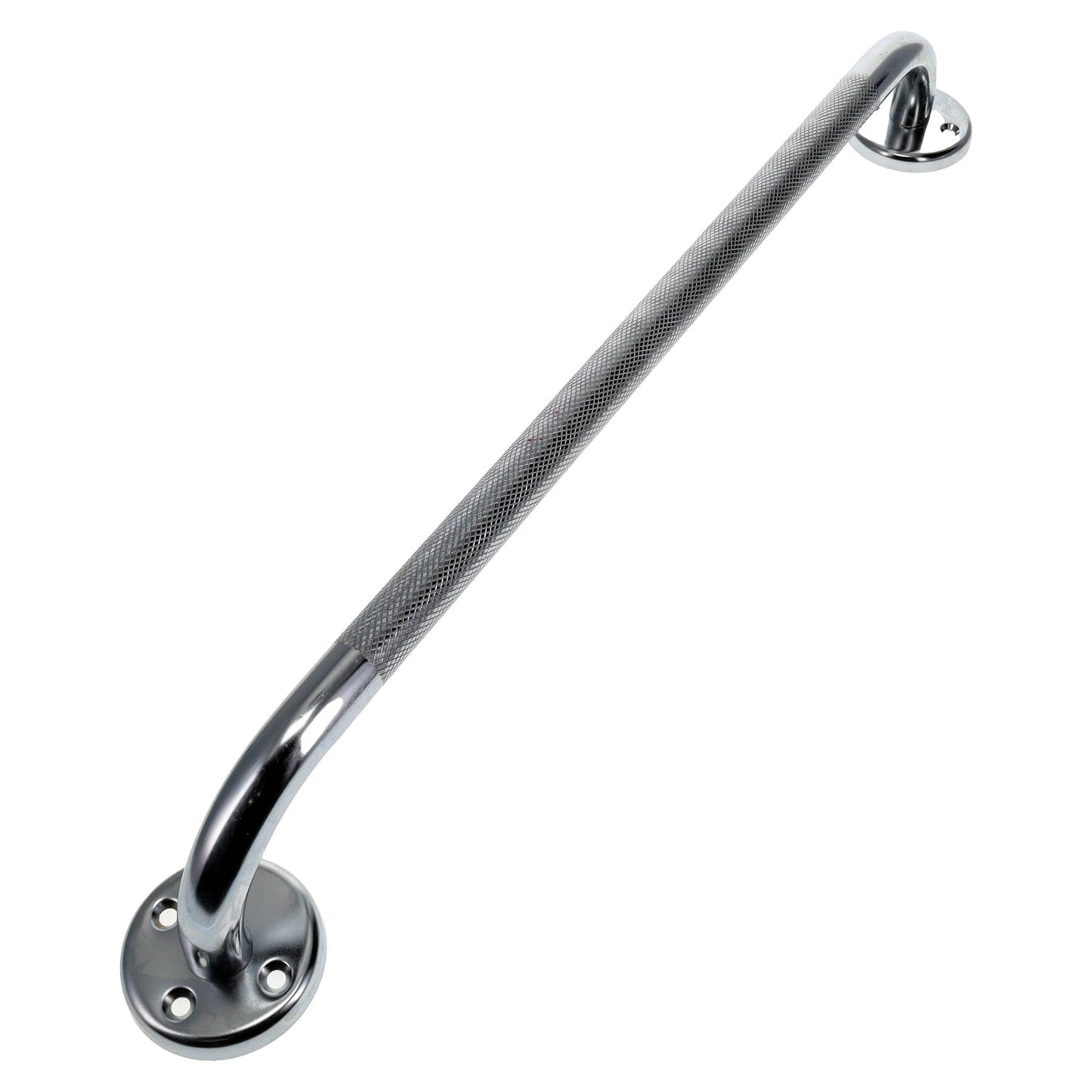Chrome grab bar end with textured grip, three-hole flange and mounting screws