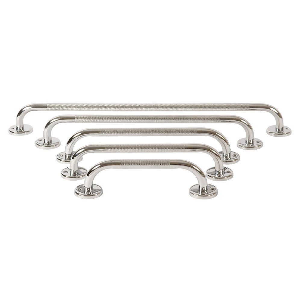 Set of chrome wall grab bars with textured grip and multiple curved handrails