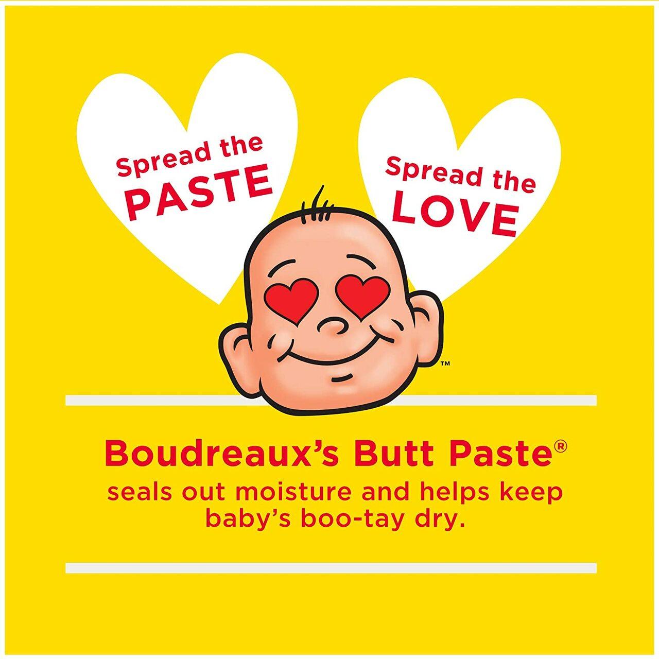Original Boudreaux's Butt Paste label with heart icons and keeps baby's boo-tay dry