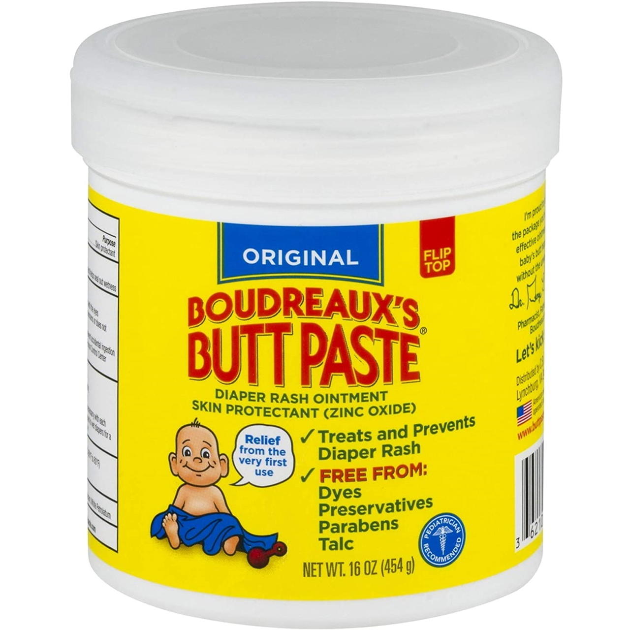 Original Boudreaux's Butt Paste 16 oz jar with flip-top lid, yellow label