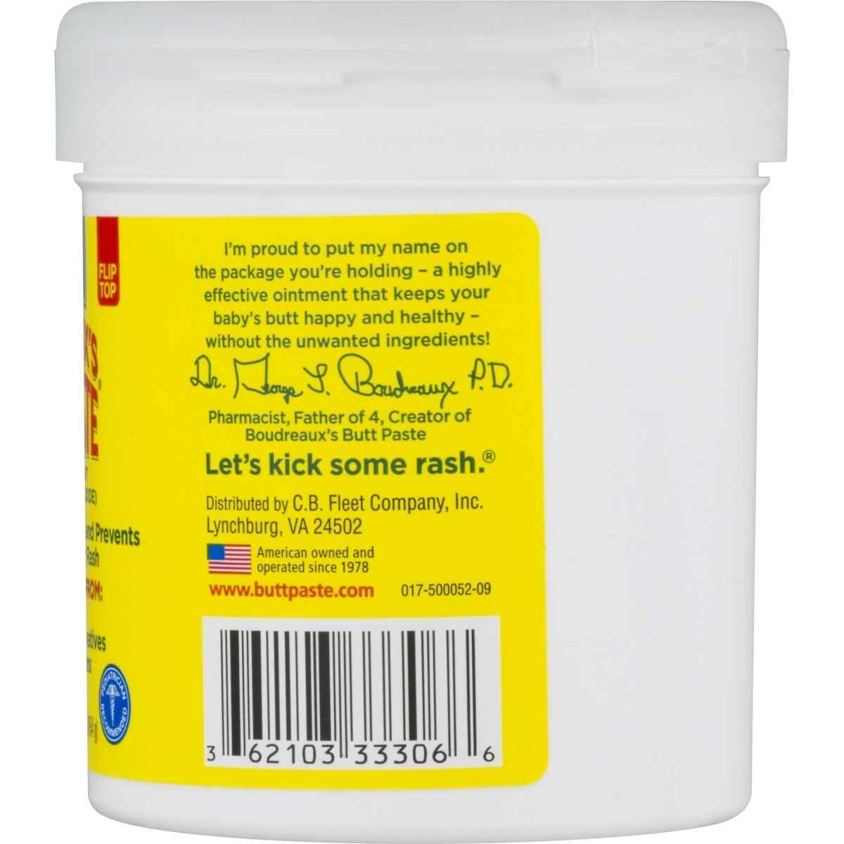 Original Boudreaux's Butt Paste 16 oz jar back with barcode and flip top