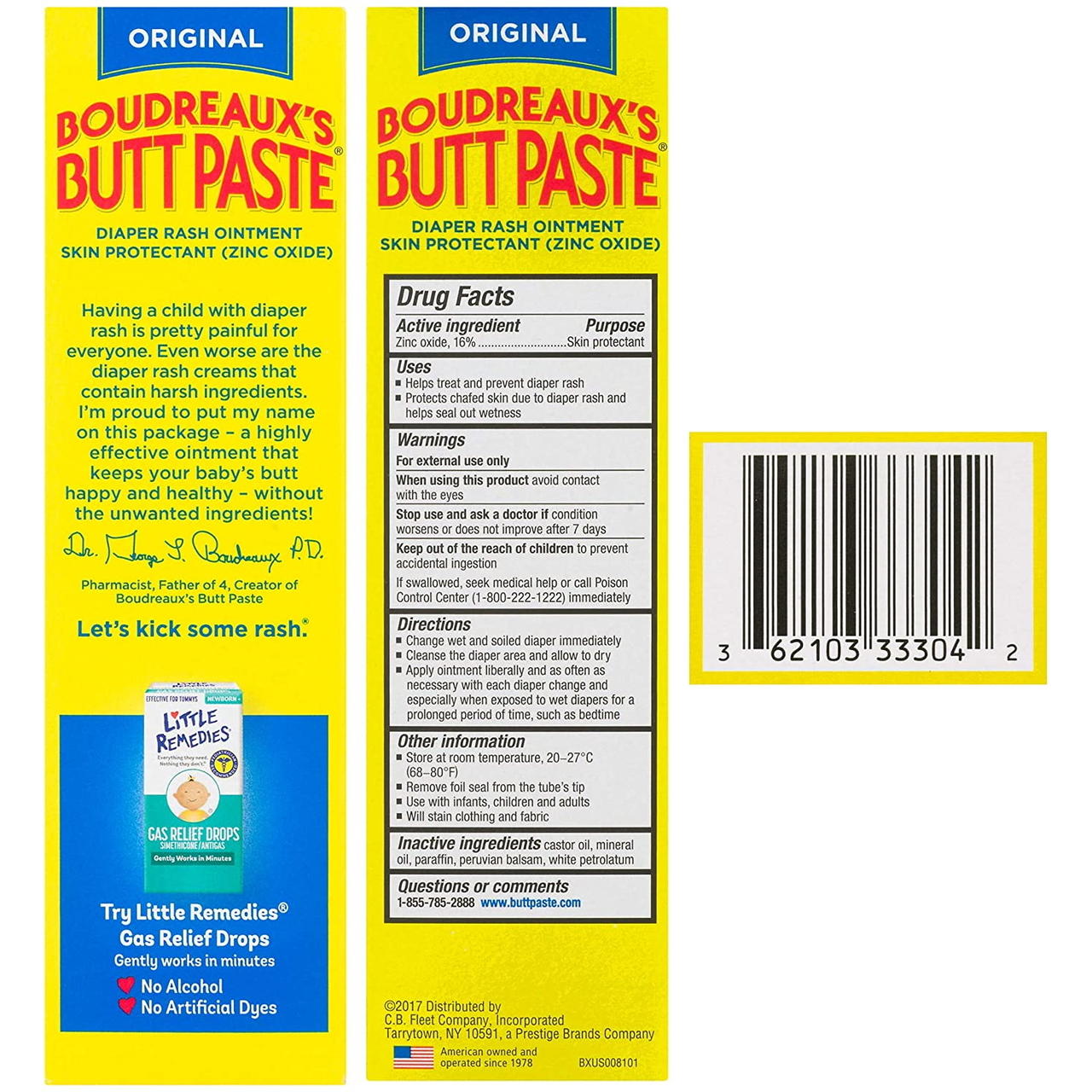 Original Boudreaux's Butt Paste 4 oz tube front and back Drug Facts panel