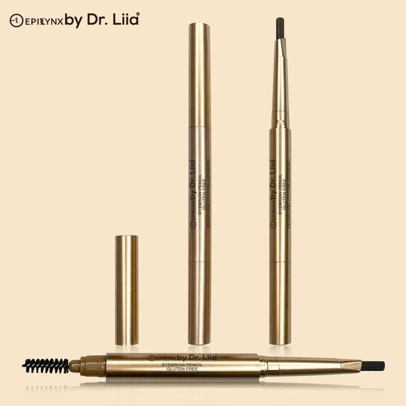 Gold eyebrow pencils with black tips and spoolie brush, plus capped refill tube.