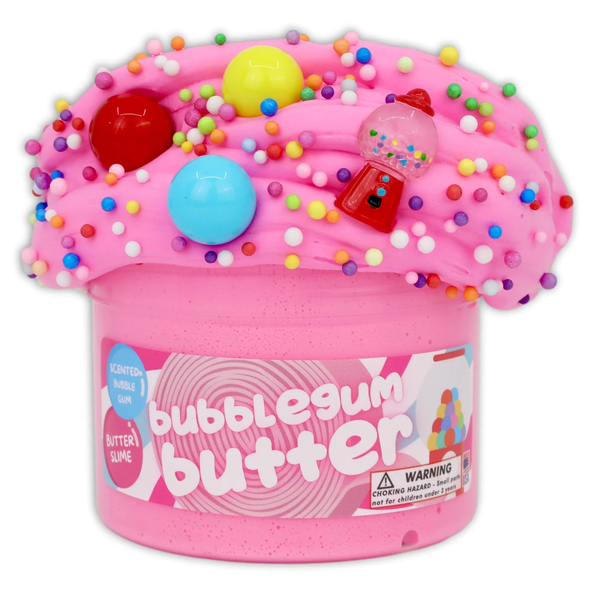 Pink slime jar with colorful bead sprinkles and bubble dome top