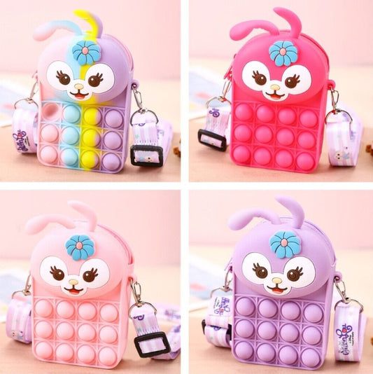 Bunny fidget crossbody bag set in purple and rose pink, pop-bubble silicone bunny face