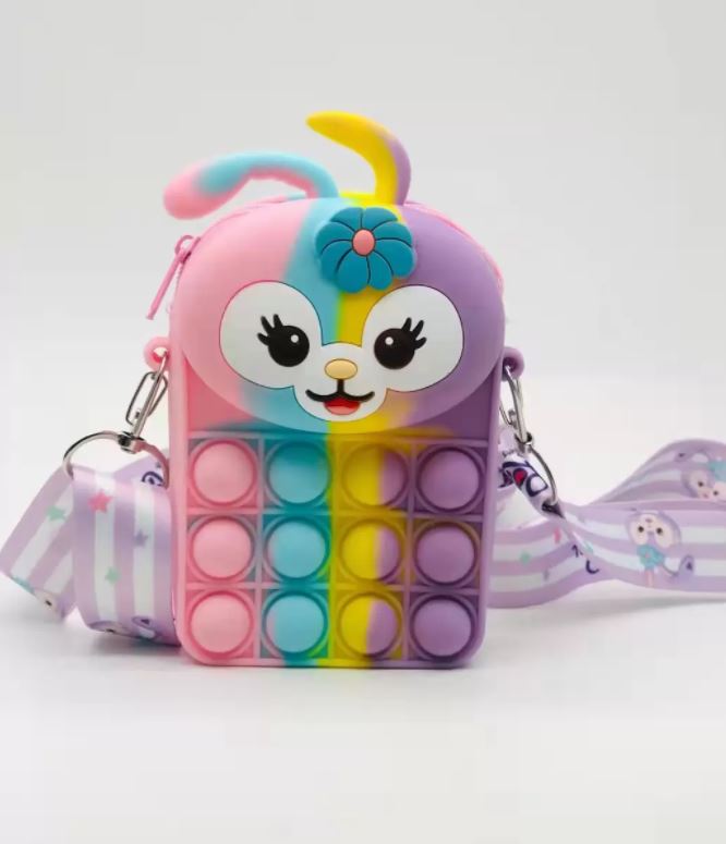 Rainbow color bunny fidget crossbody bag with pop-bubble silicone and smiling face