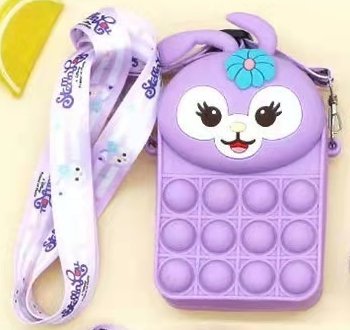 Lavender bunny fidget crossbody bag with pop-bubble silicone and smiling cartoon face