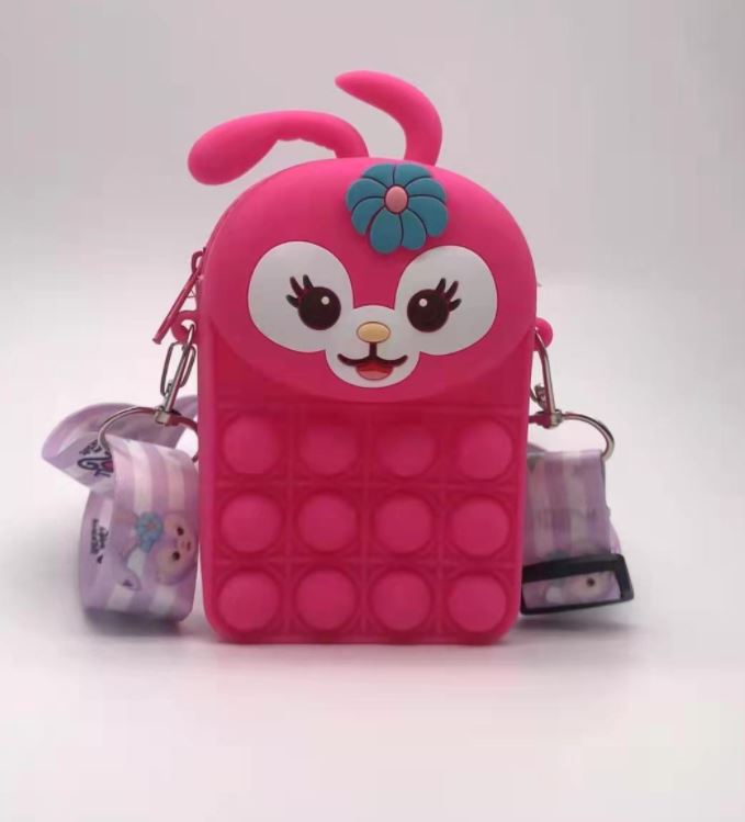 Rose pink bunny fidget crossbody bag with pop-bubble silicone and cartoon bunny face
