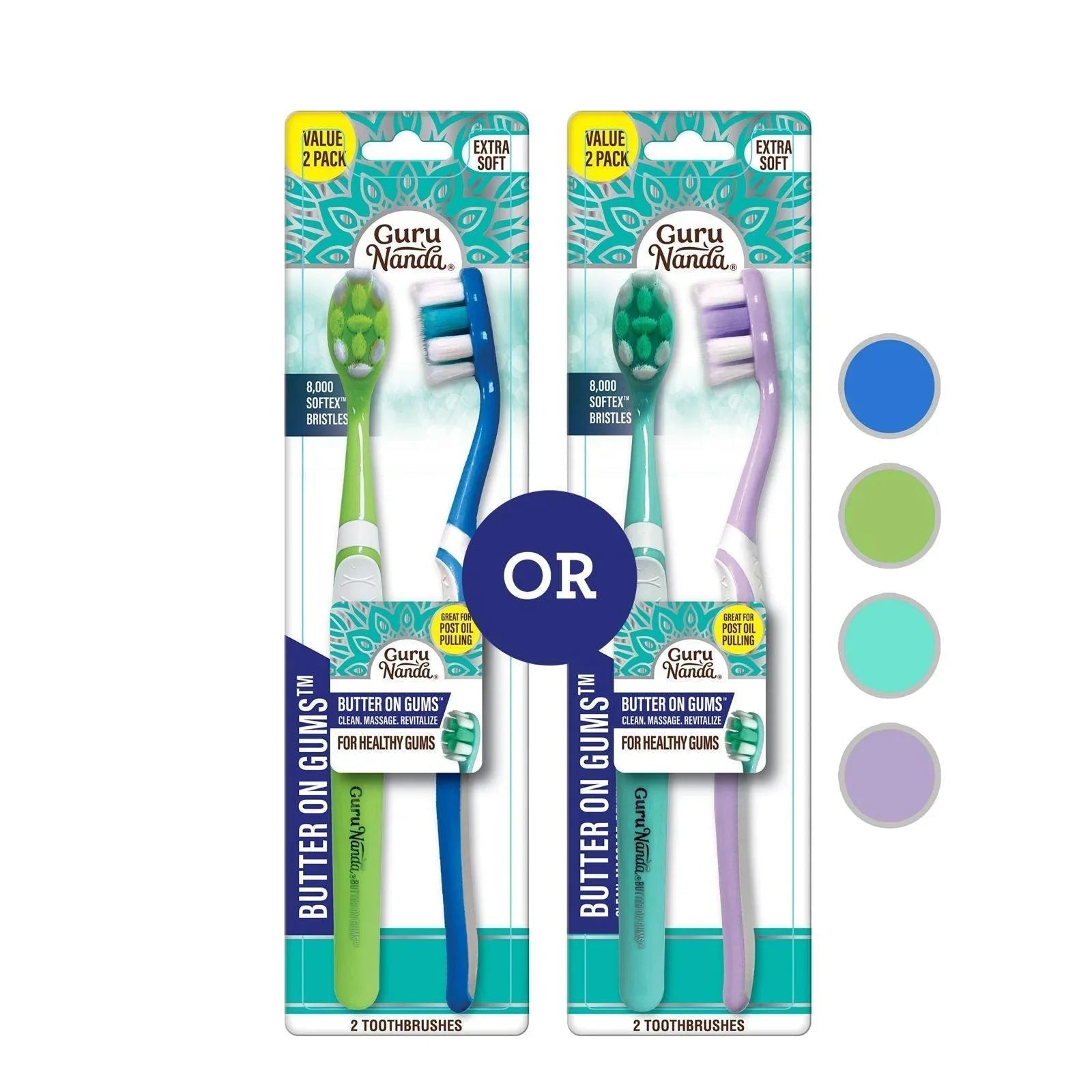 Butter on Gums toothbrush twin pack in retail packaging, blue and purple handle options