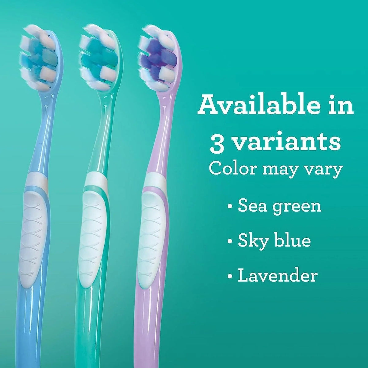 Three toothbrush variants: sea green, sky blue, and lavender handles