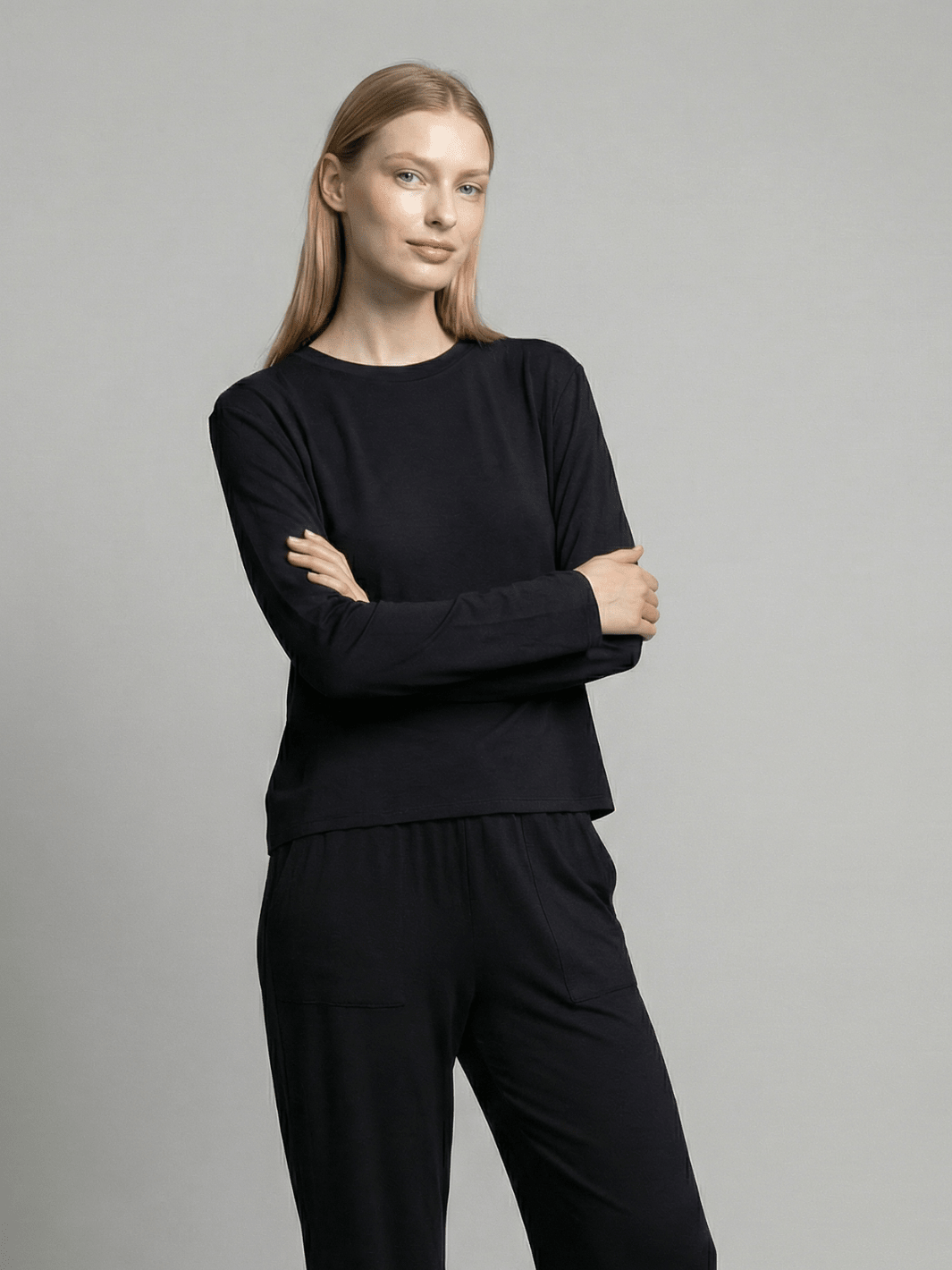 Black long-sleeve pajama top with crew neck, long sleeves