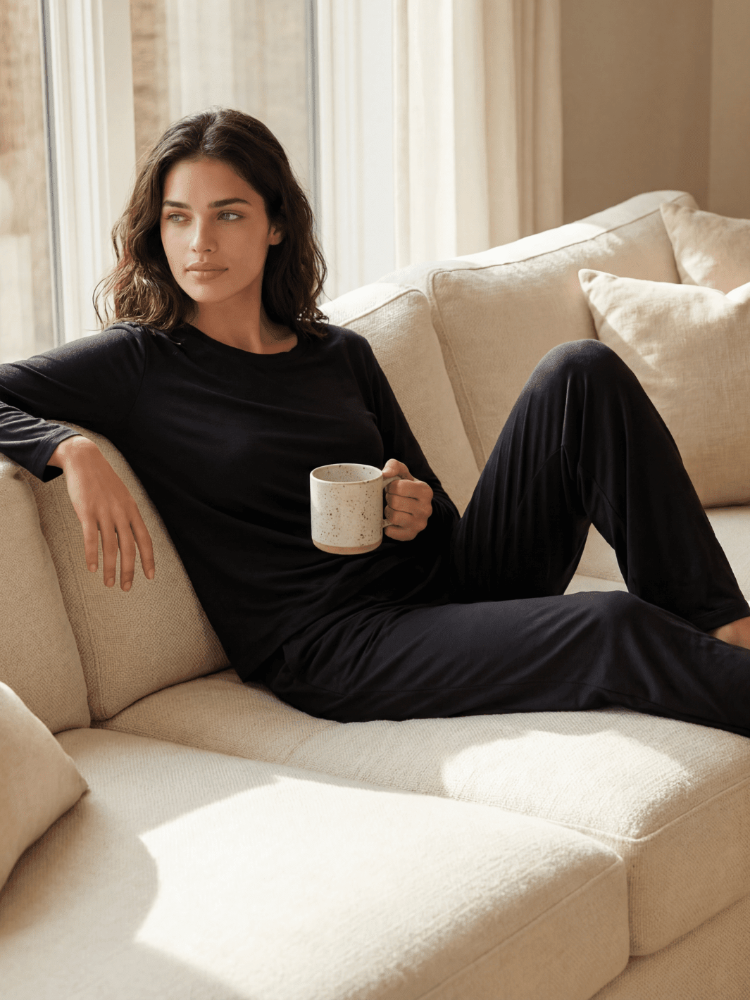 Black long-sleeve pajama top with crew neck, relaxed fit