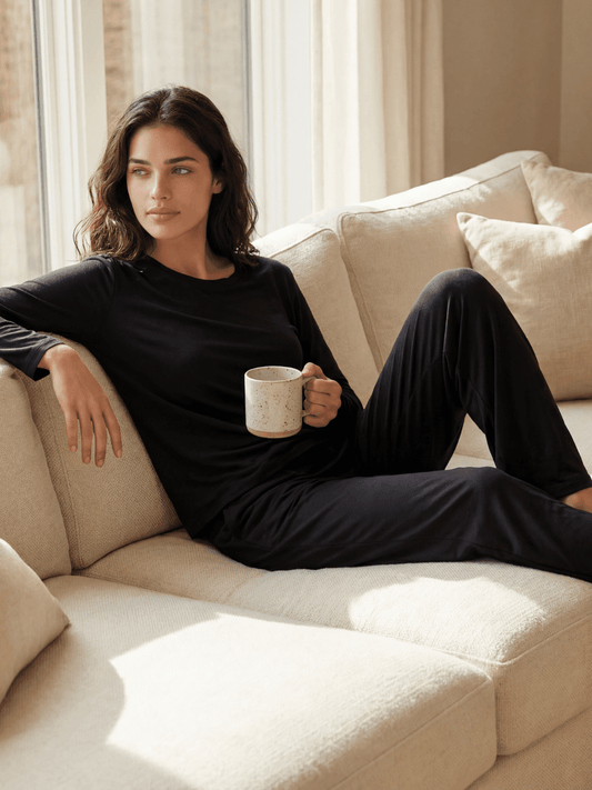 Black long-sleeve pajama top with crew neck, relaxed fit