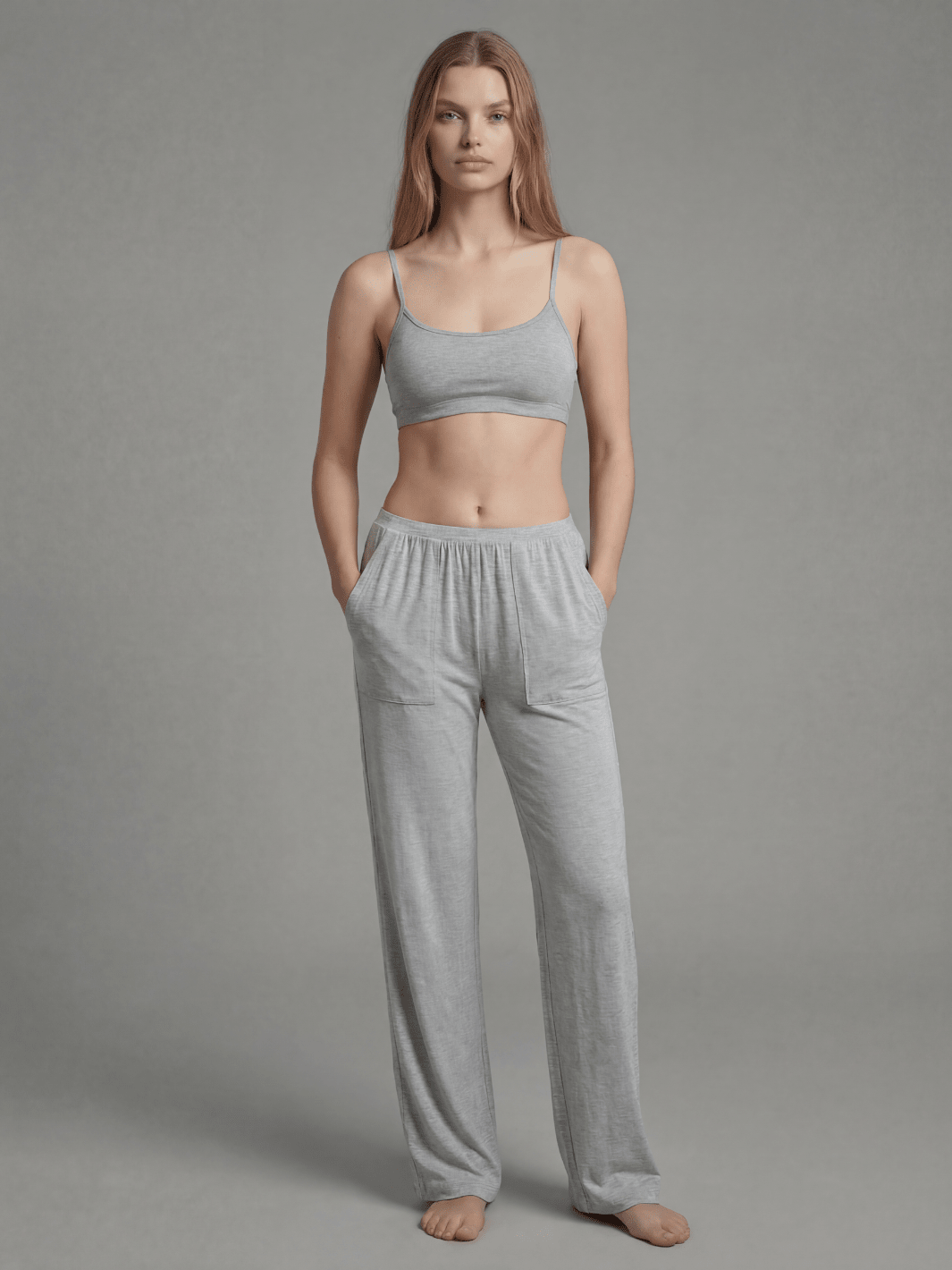 Heather gray pajama pants with elastic waist and side pockets, wide-leg lounge pants.
