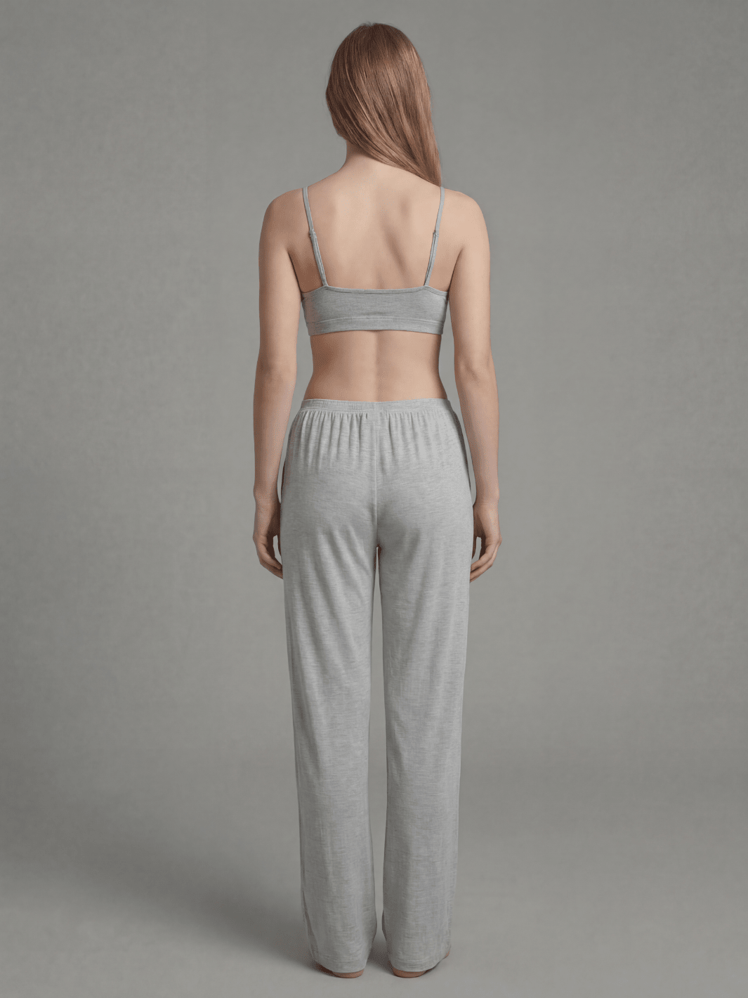 Heather gray pajama pants, back view, elastic waistband and wide straight legs.