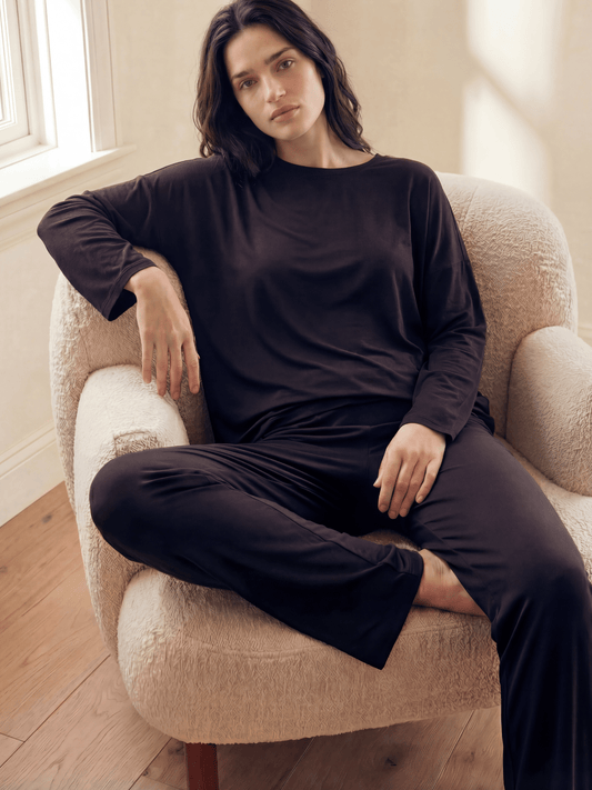 Butter Soft pajama set in black, long-sleeve tee with matching lounge pants