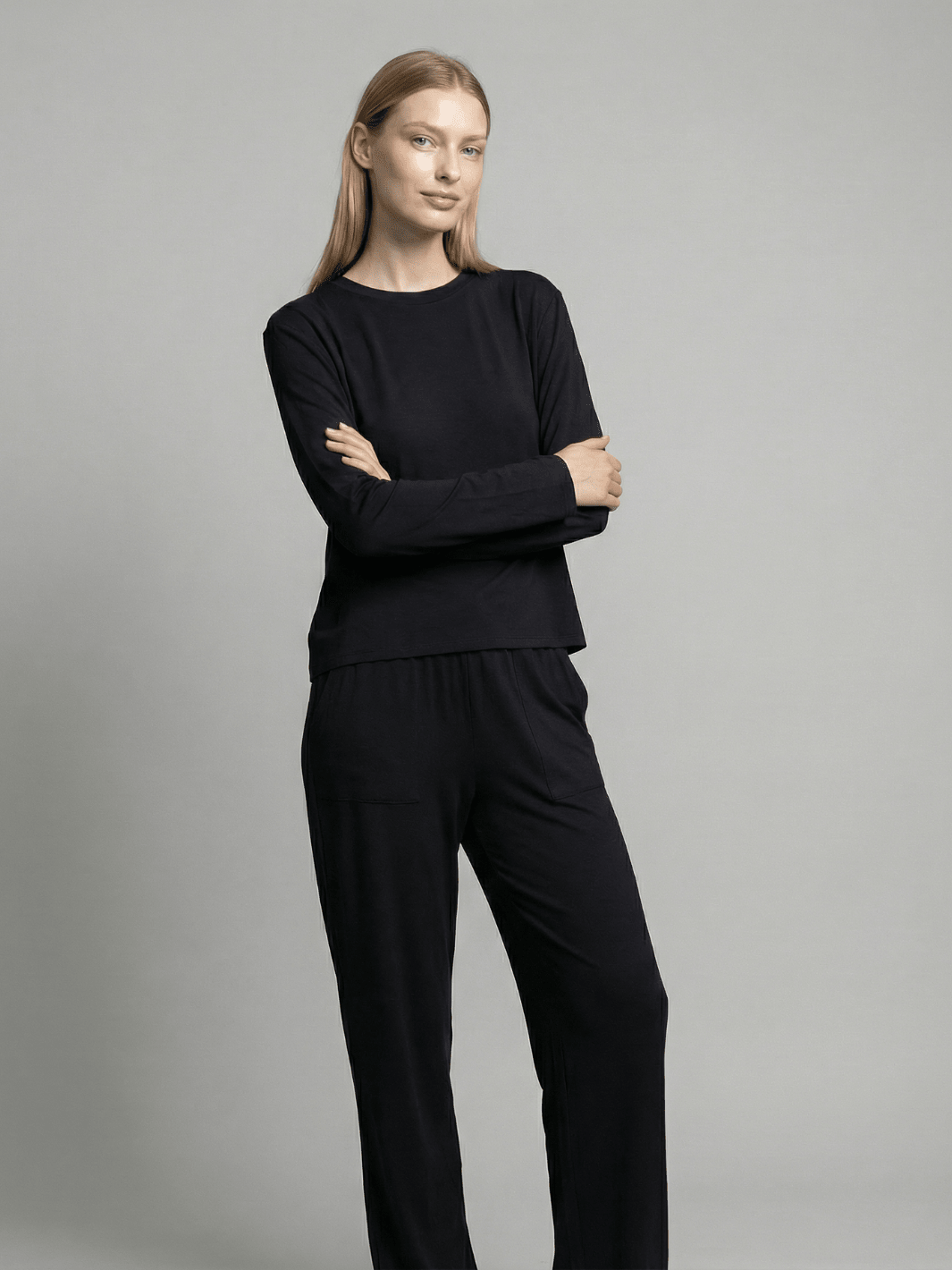 Butter Soft pajama set in black, long-sleeve tee with relaxed-fit lounge pants