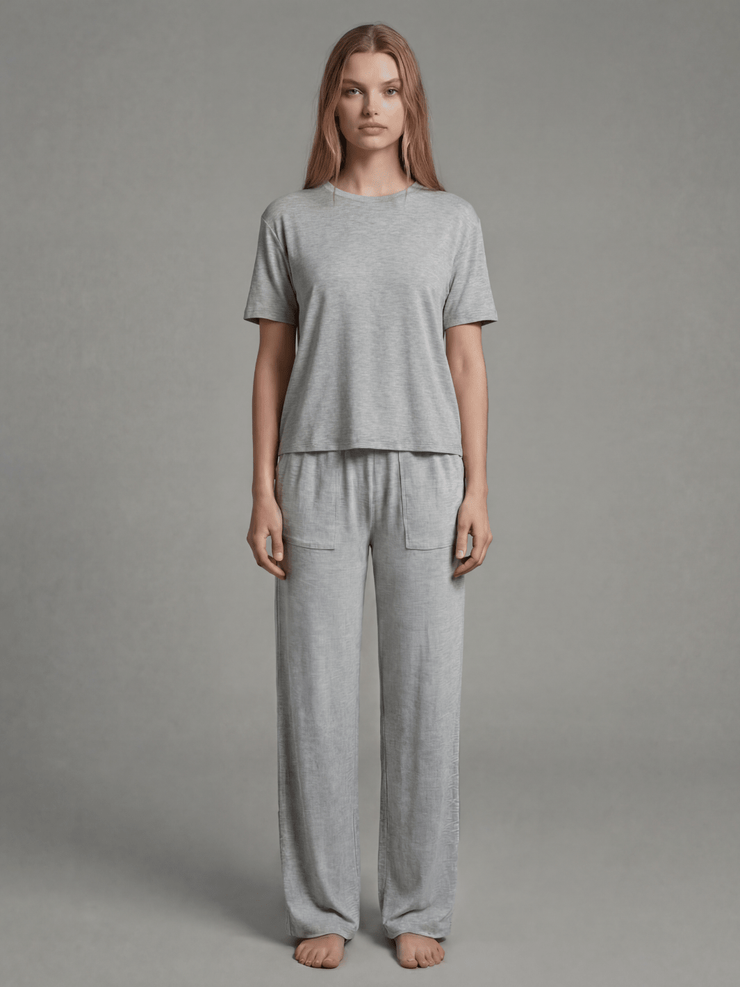 Heather grey pajama set with short-sleeve tee and wide-leg pants, full length