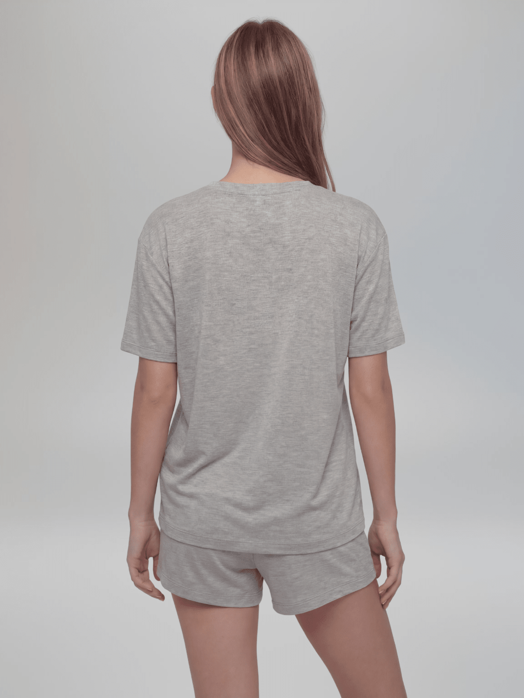 Heather grey pajama tee and shorts set, back view, relaxed fit