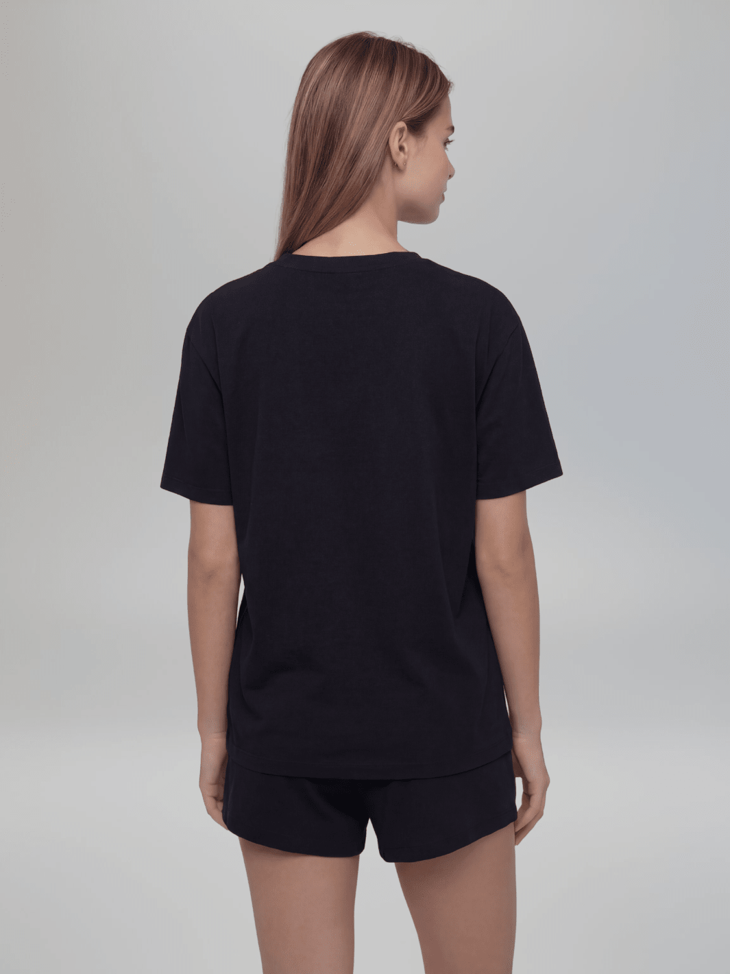 Black pajama tee and shorts set, back view, short sleeves and drawstring waist