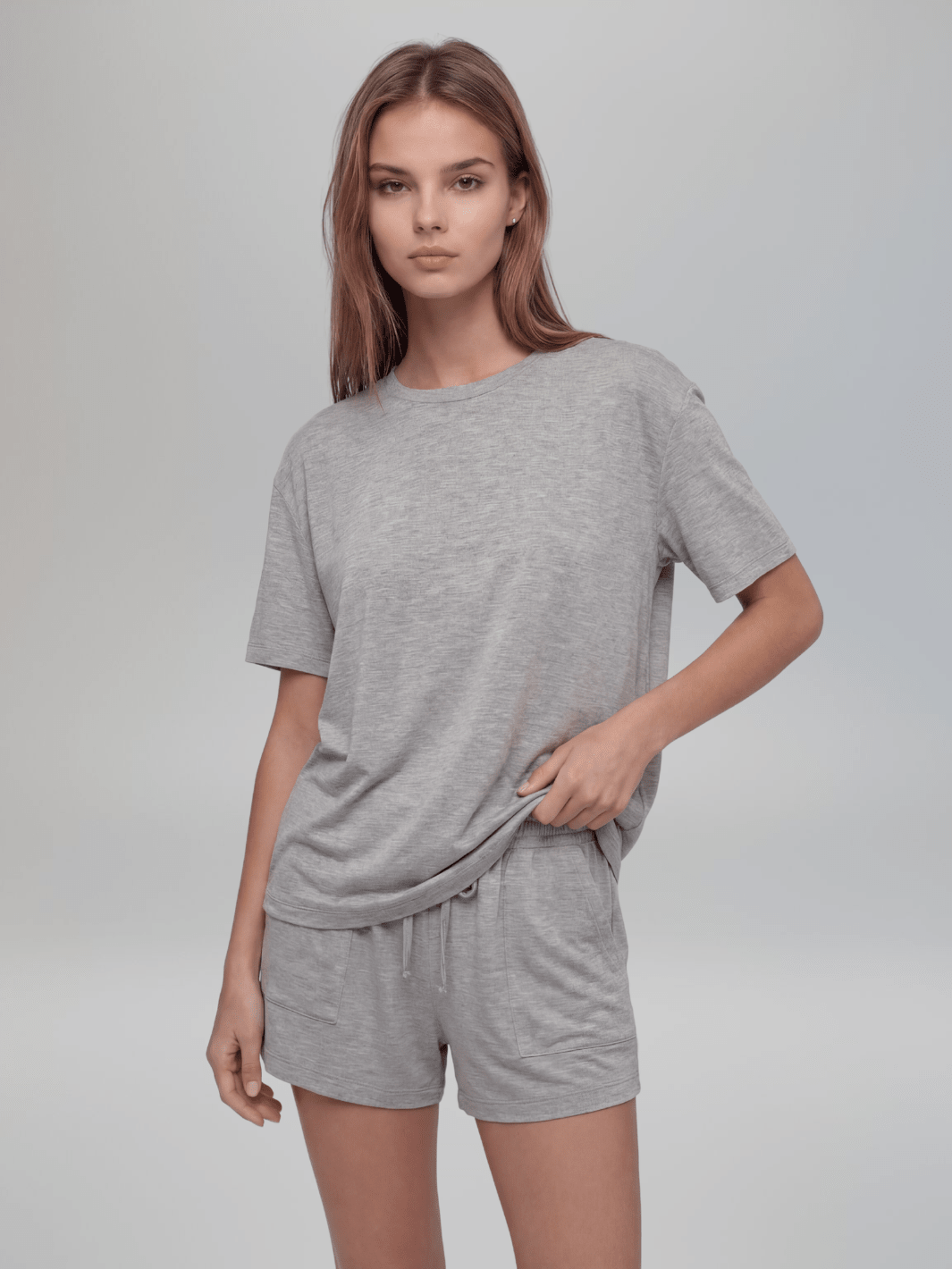 Heather gray short-sleeve crewneck pajama tee, relaxed fit, soft knit.