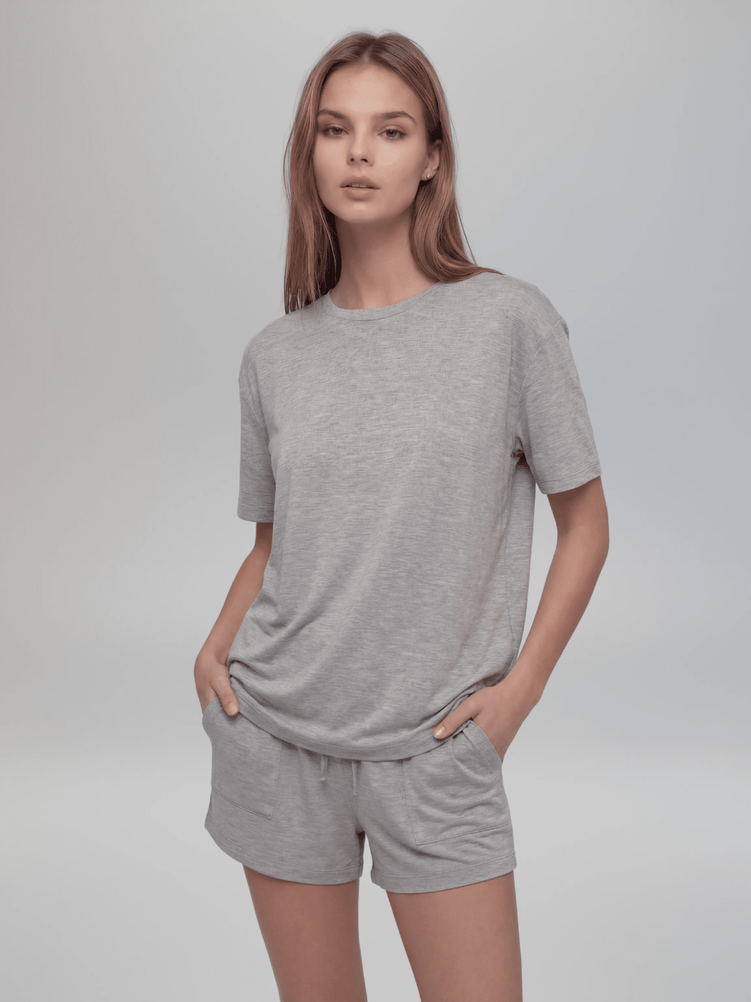 Heather gray short-sleeve crewneck pajama tee, soft knit, relaxed drape.