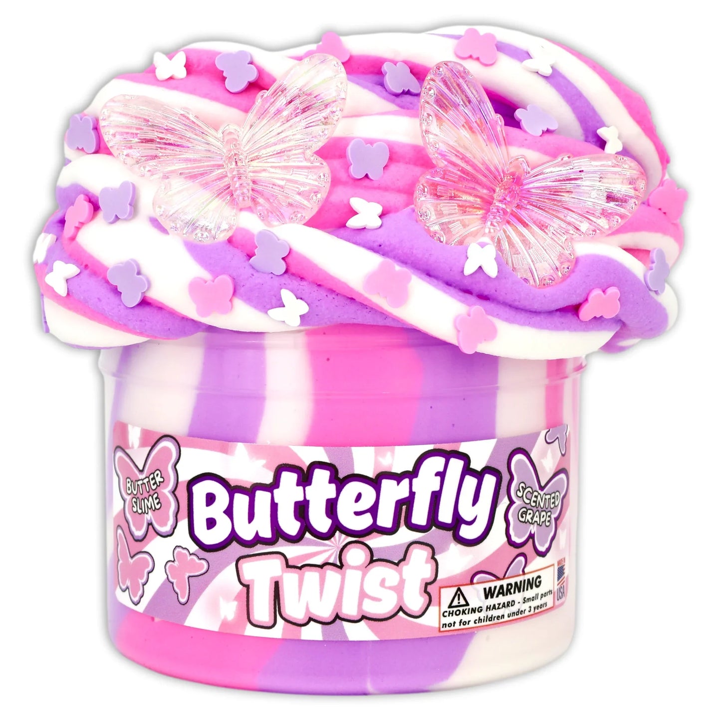 Butterfly twist dope slime jar with pink and purple swirl and clear butterfly charms