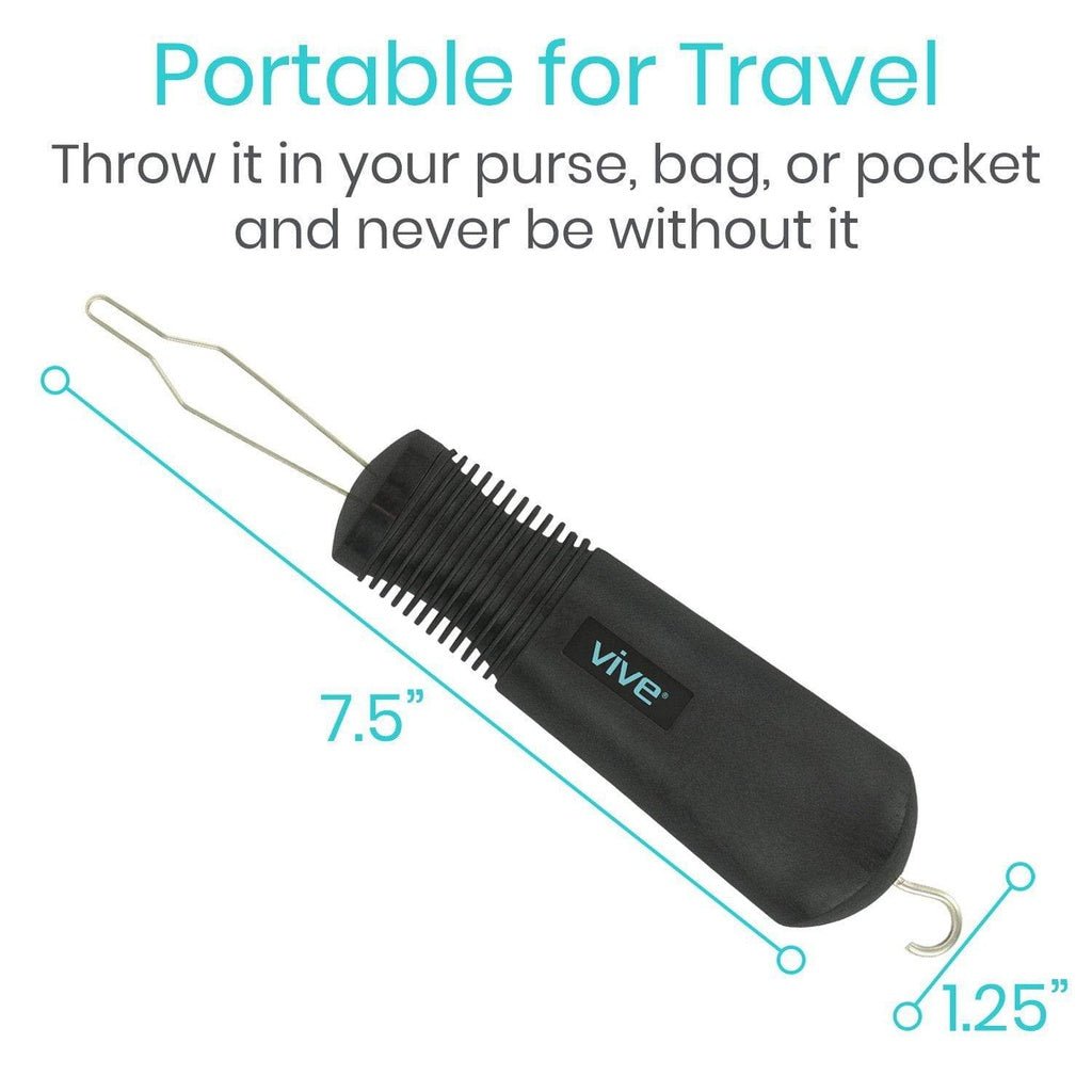 Button hook for travel, black case with twin metal hooks; 7.5" length shown