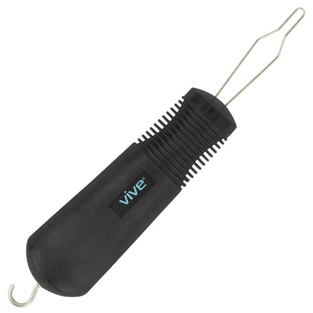 Black button hook tool with comb teeth and metal loop ends
