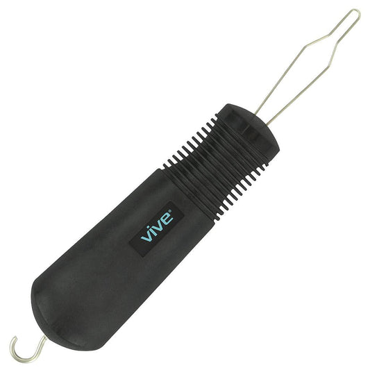 Black button hook tool with comb teeth and metal loop ends