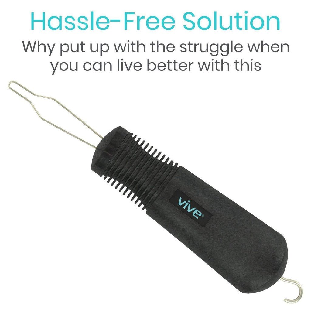 Black button hook tool with metal loops and ribbed grip; Vibe label on handle