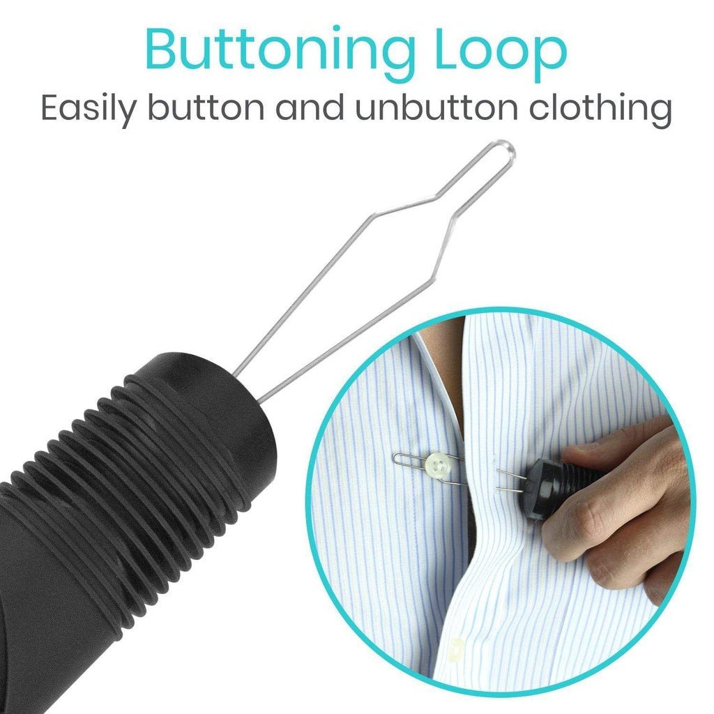 Buttoning loop attachment guiding a button on a light blue striped shirt